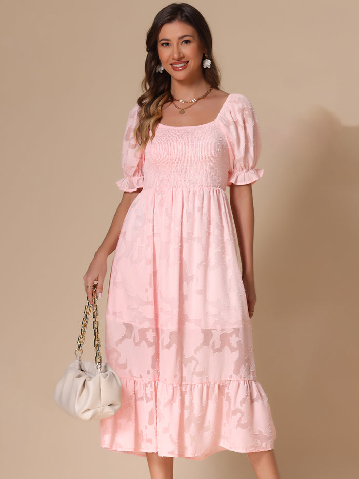 allegra k Puff Sleeve Smocked Textured Flowy Tiered Midi Dress