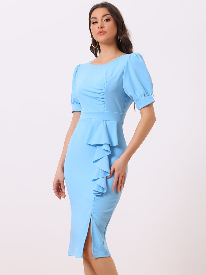 Allegra K Puff Sleeve Solid Color Ruffle Slit Bodycon Midi Dress