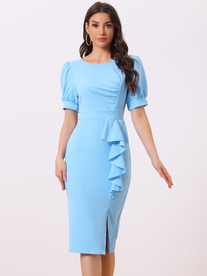 allegra k Puff Sleeve Solid Color Ruffle Slit Bodycon Midi Dress