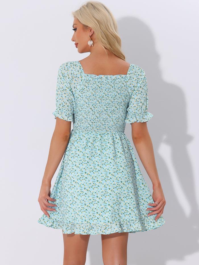 Allegra K Puff Sleeve Square Neck Ruffled Hem Floral Smocked Dress
