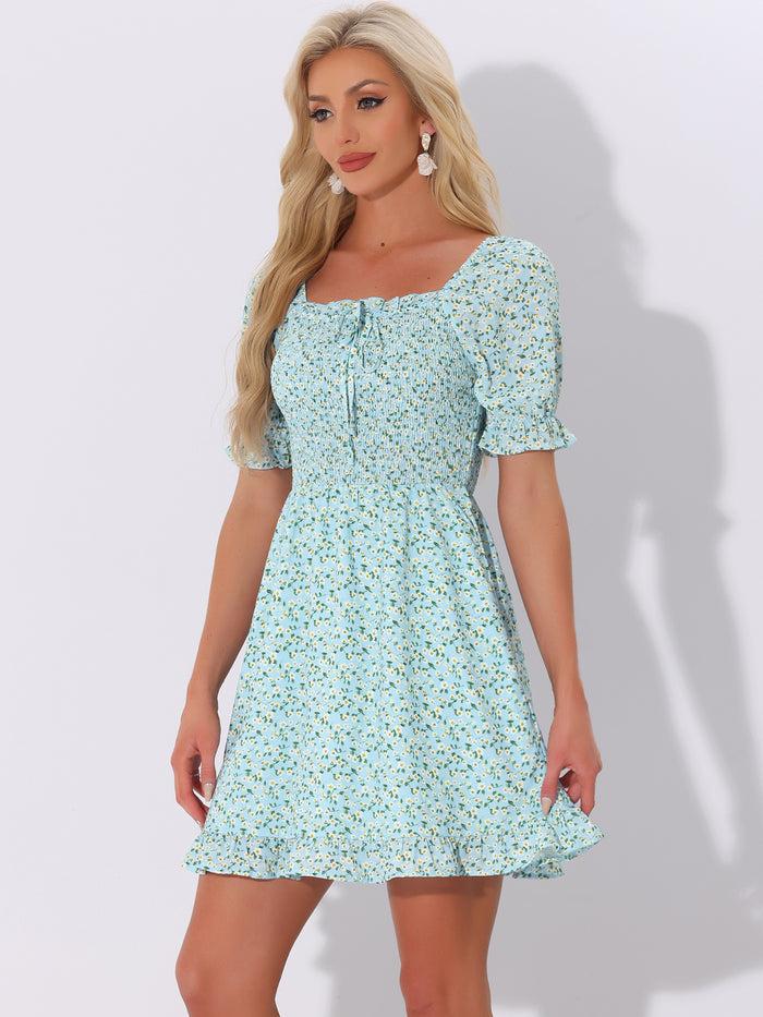 allegra k Puff Sleeve Square Neck Ruffled Hem Floral Smocked Dress