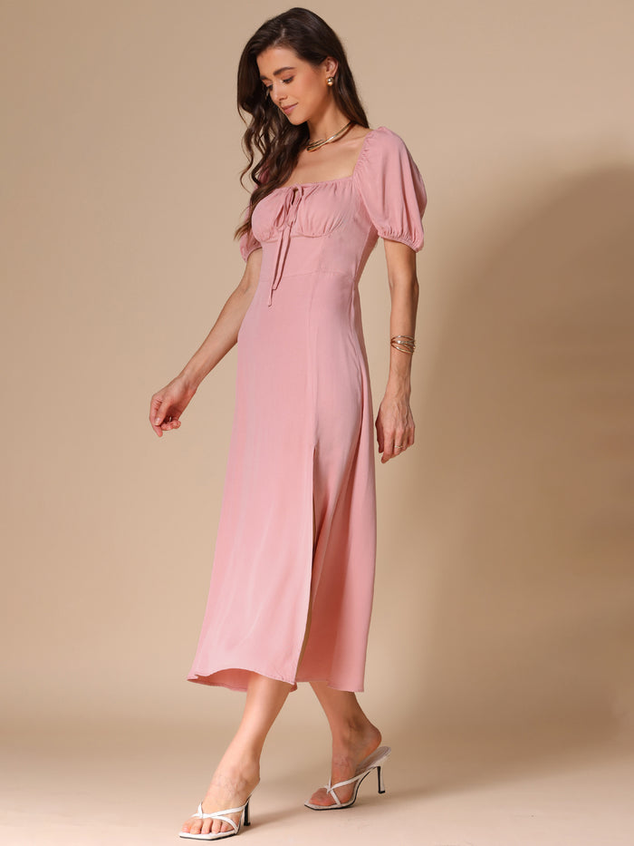 Allegra K Puff Sleeve Square Tie Neck Slit Smocked Dress