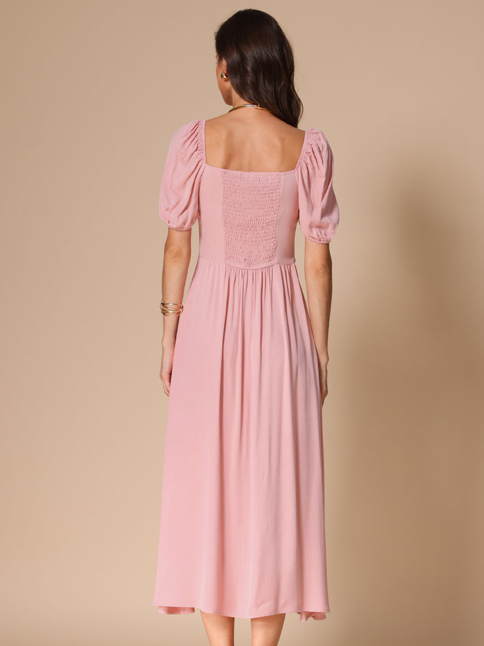 Allegra K Puff Sleeve Square Tie Neck Slit Smocked Dress