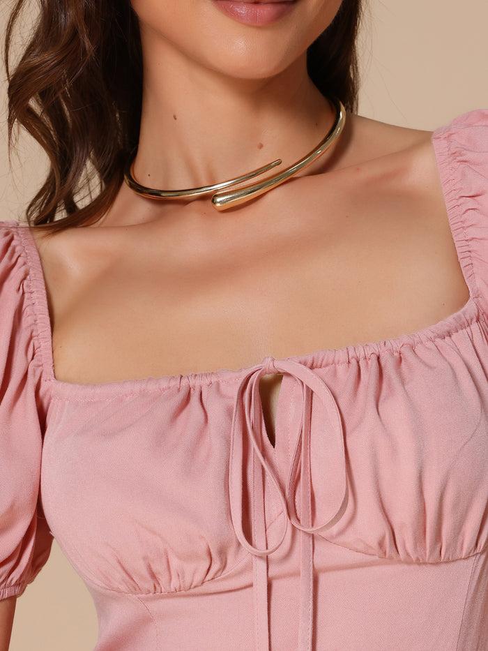 Allegra K Puff Sleeve Square Tie Neck Slit Smocked Dress