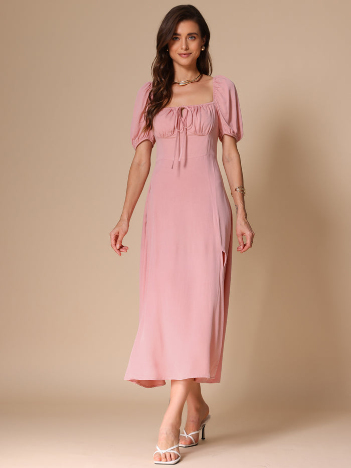 allegra k Puff Sleeve Square Tie Neck Slit Smocked Dress