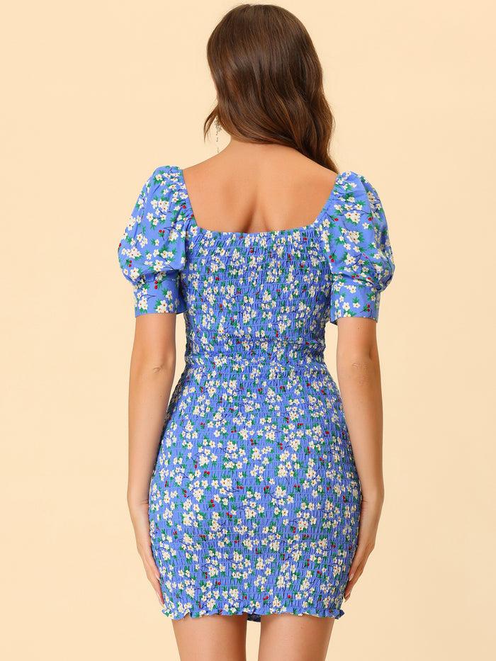 Allegra K Puff Sleeve Sweetheart Neck Floral Smocked Bodycon Dress