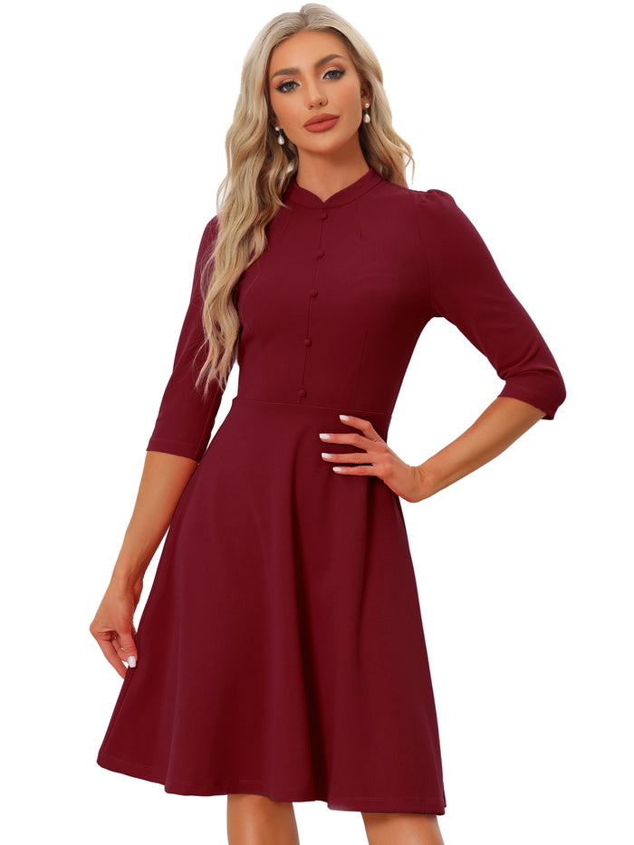 Allegra K Retro 3/4 Sleeve Stand Collar Office Work Elegant A-Line Dress