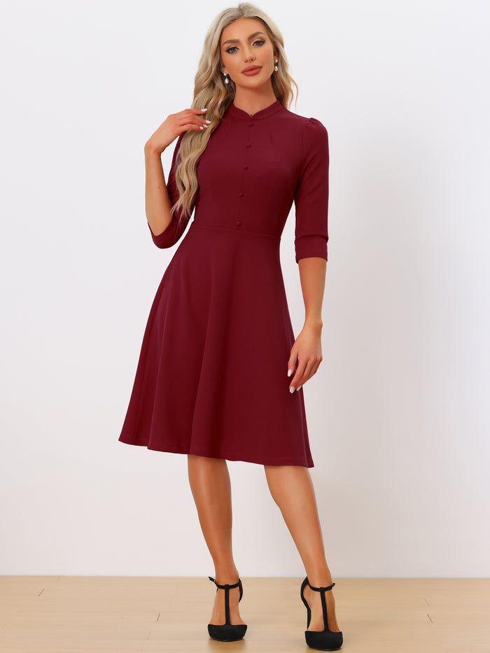 allegra k Retro 3/4 Sleeve Stand Collar Office Work Elegant A-Line Dress