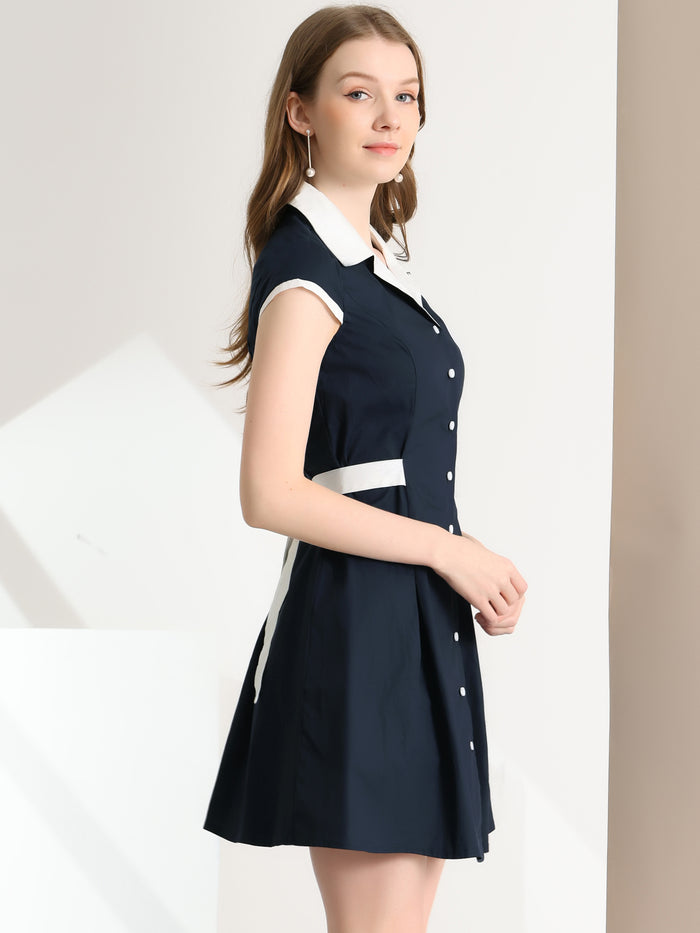 Allegra K Retro Button Down Flat Collar Belted Office Mini Shirt Dress