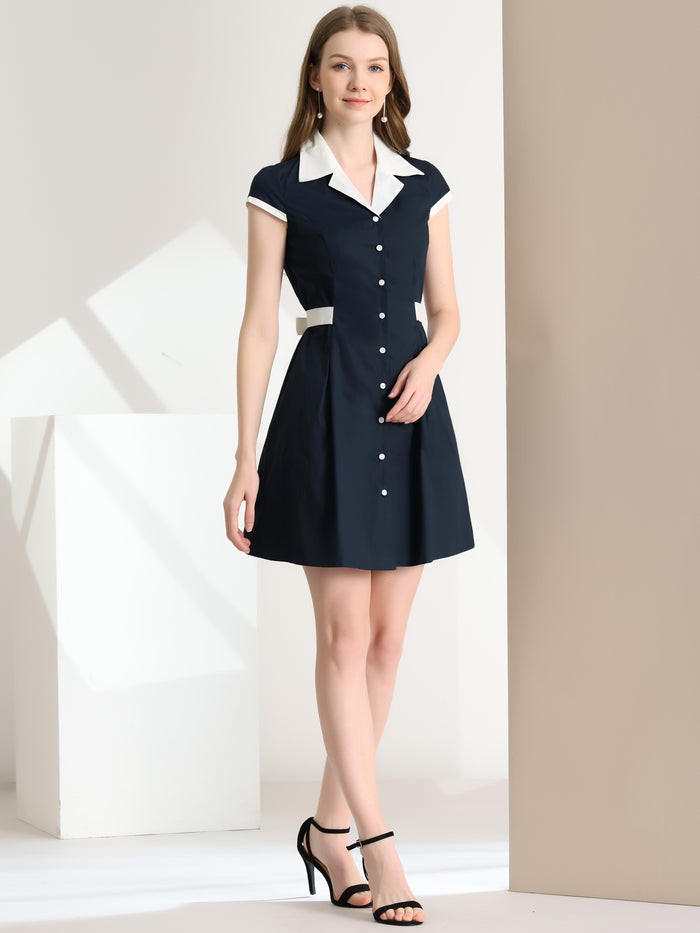Allegra K Retro Button Down Flat Collar Belted Office Mini Shirt Dress