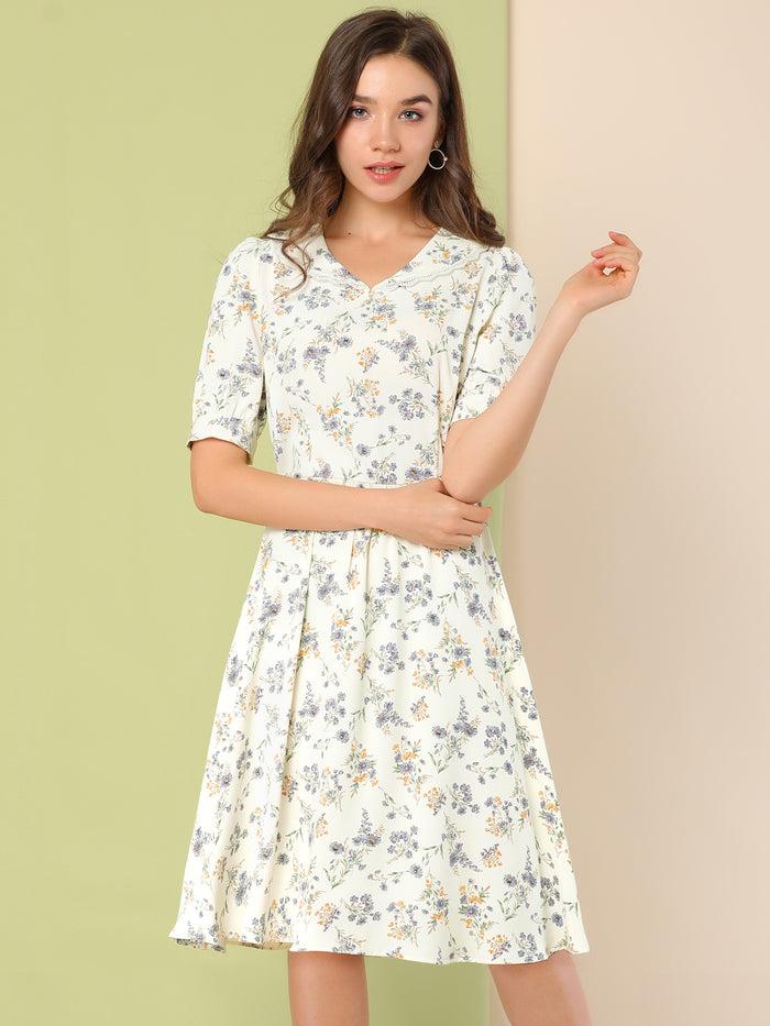 Allegra K Retro Floral Peter Pan Collar High Waist Puff Sleeve Flowy Midi Dress