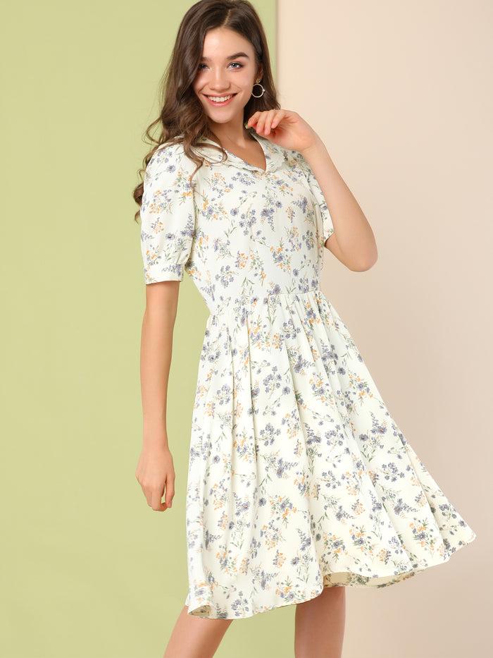allegra k Retro Floral Peter Pan Collar High Waist Puff Sleeve Flowy Midi Dress