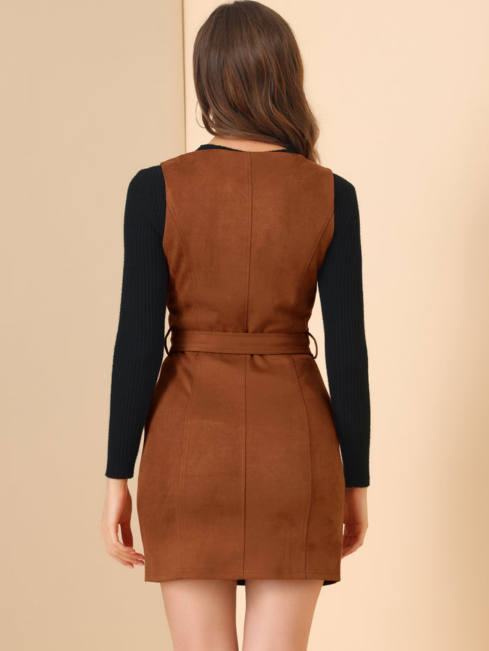 Allegra K Retro Overalls Suspenders Belted V Neck Faux Suede Pinafore Dress