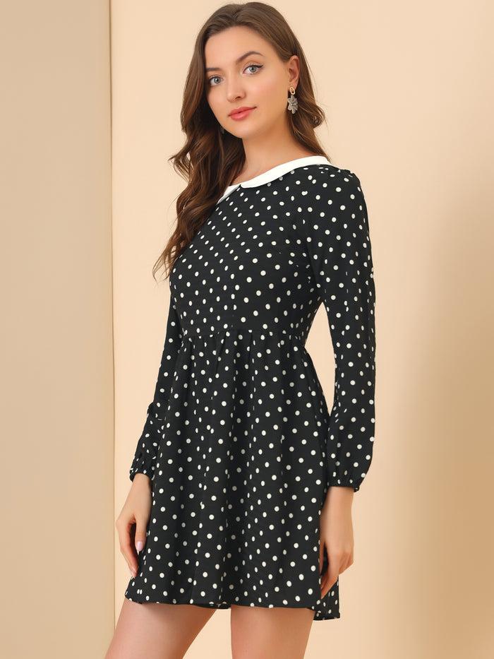 Allegra K Retro Polka Dot Long Sleeve A-Line Contrast Peter Pan Collar Dress