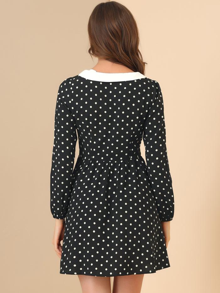 Allegra K Retro Polka Dot Long Sleeve A-Line Contrast Peter Pan Collar Dress