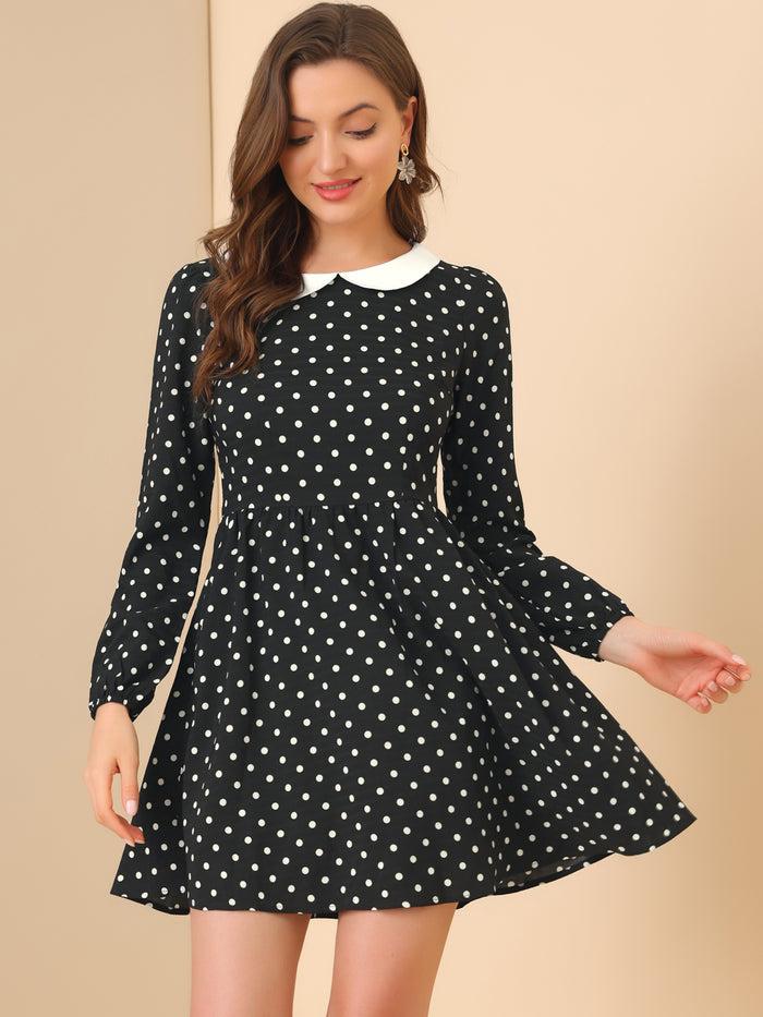 allegra k Retro Polka Dot Long Sleeve A-Line Contrast Peter Pan Collar Dress