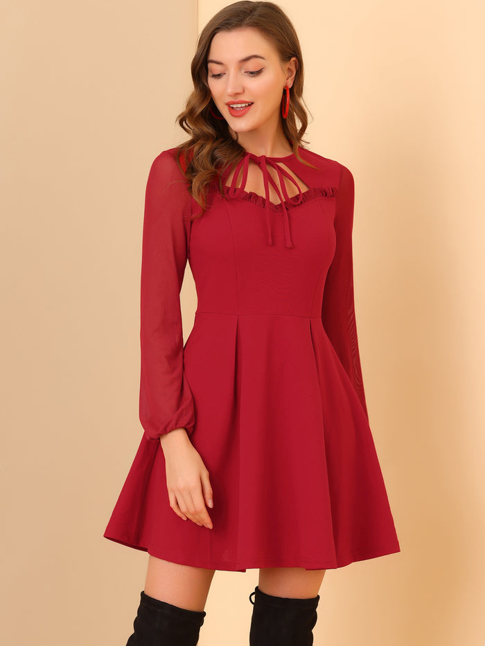 Allegra K Retro Tie Neck Sweetheart A-Line Gothic Mesh Sleeve Mini Dress