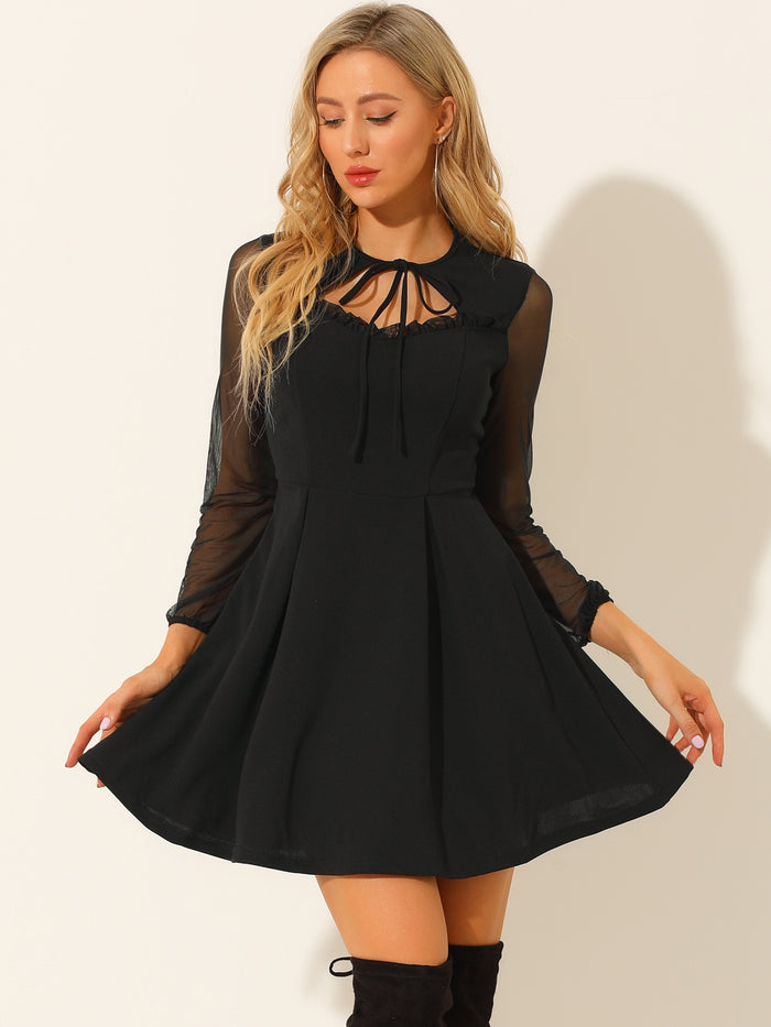 allegra k Retro Tie Neck Sweetheart A-Line Gothic Mesh Sleeve Mini Dress