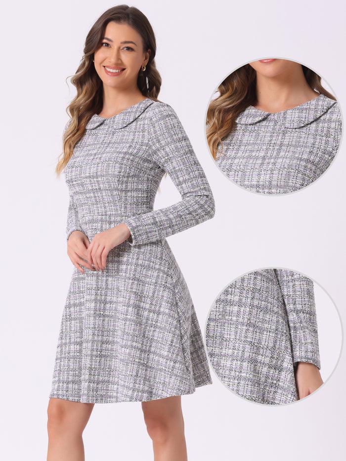 allegra k Retro Tweed Plaid Grid Peter Pan Collar Long Sleeve A-line Dress