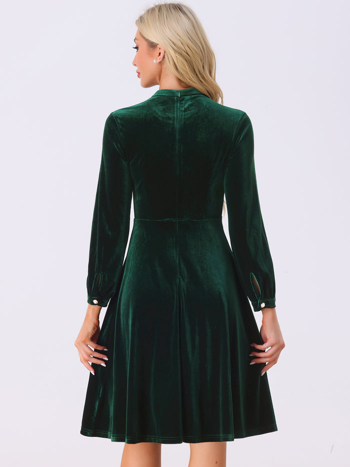 Allegra K Retro Velvet Mock Neck Button Front Ruffle Flared Dress