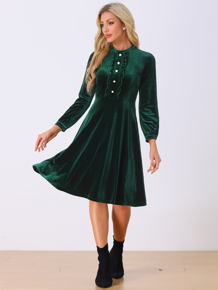 Allegra K Retro Velvet Mock Neck Button Front Ruffle Flared Dress