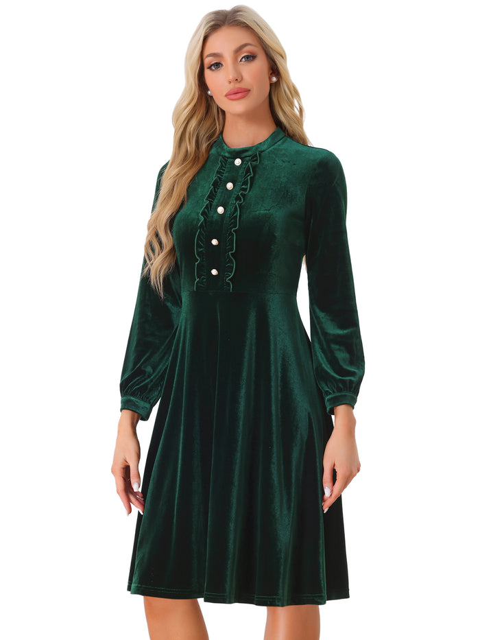 Allegra K Retro Velvet Mock Neck Button Front Ruffle Flared Dress