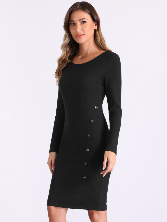 allegra k Ribbed Knit Boat Neck Long Sleeve Button Decor Sweater Dress