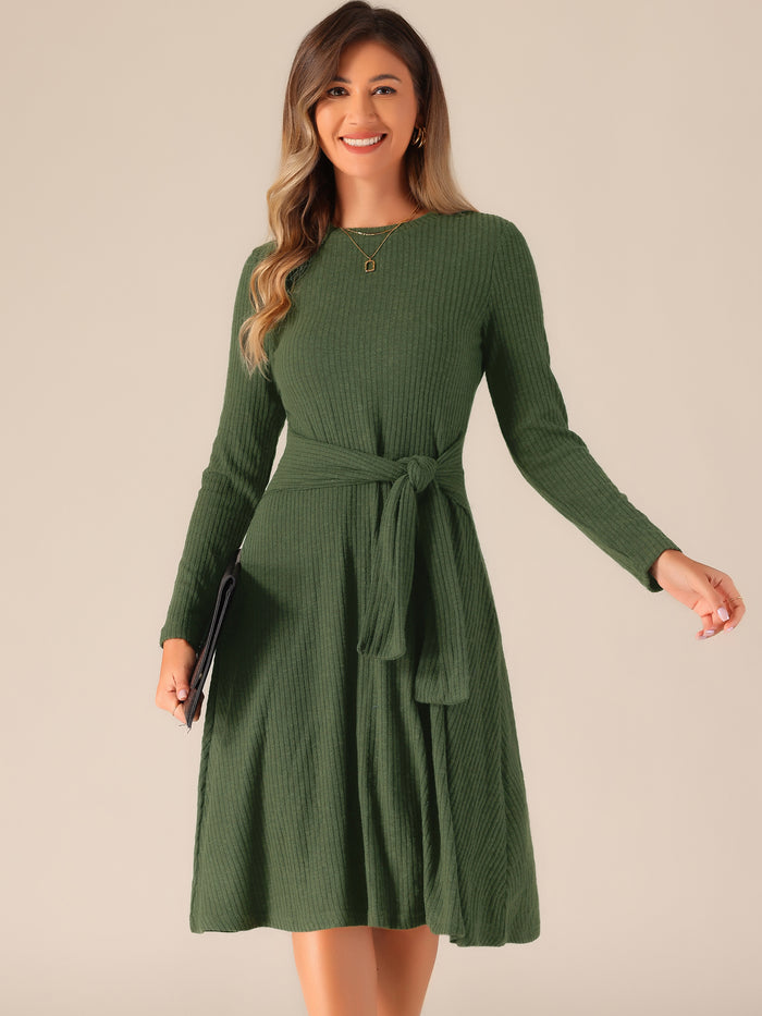 allegra k Ribbed Knit Crew Neck Long Sleeve Midi Sweater Dress
