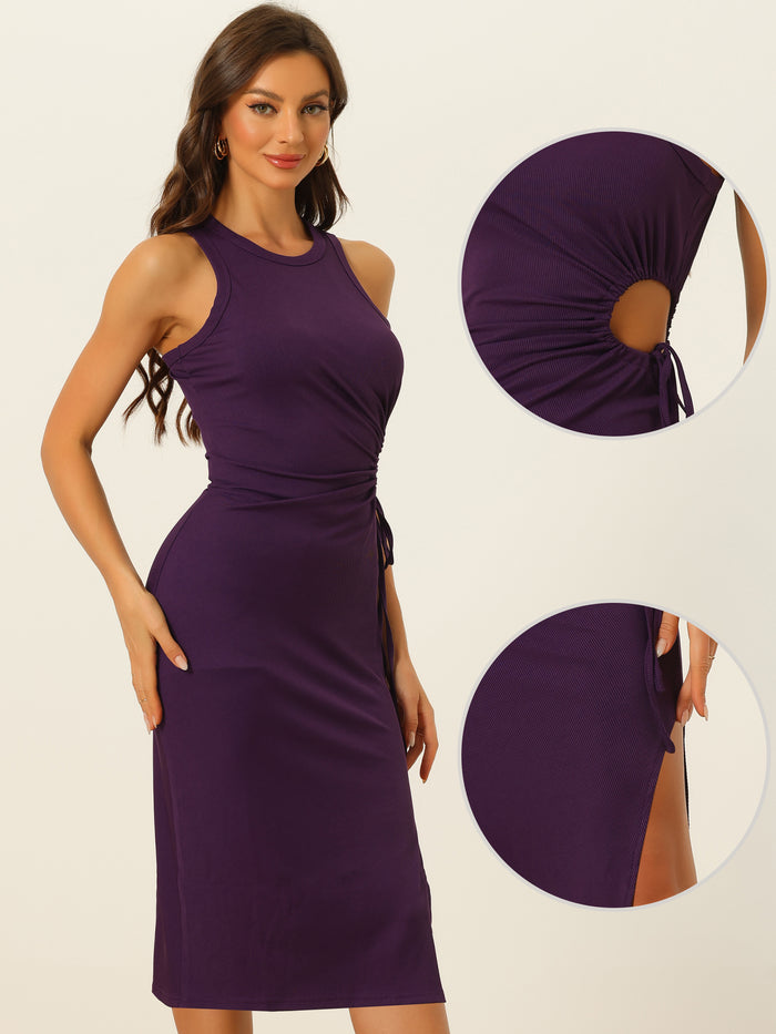 Allegra K Ribbed Knit Round Neck Cut Out Waist Side Slit Tank Sleeveless Maxi Dress