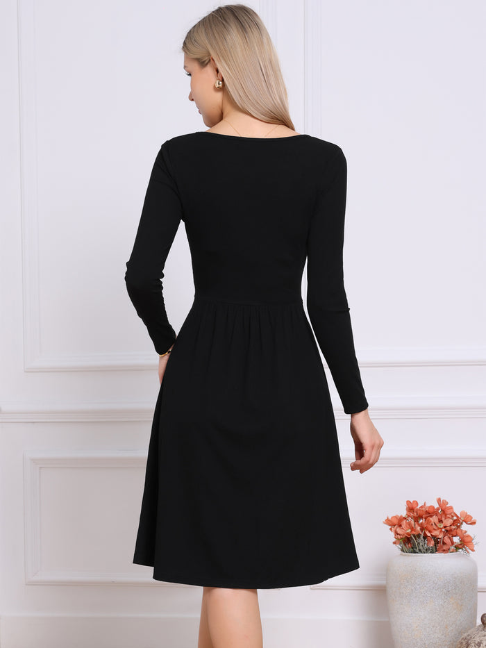 Allegra K Ribbed Knitted Long Sleeve Crew Neck Sweater Dress