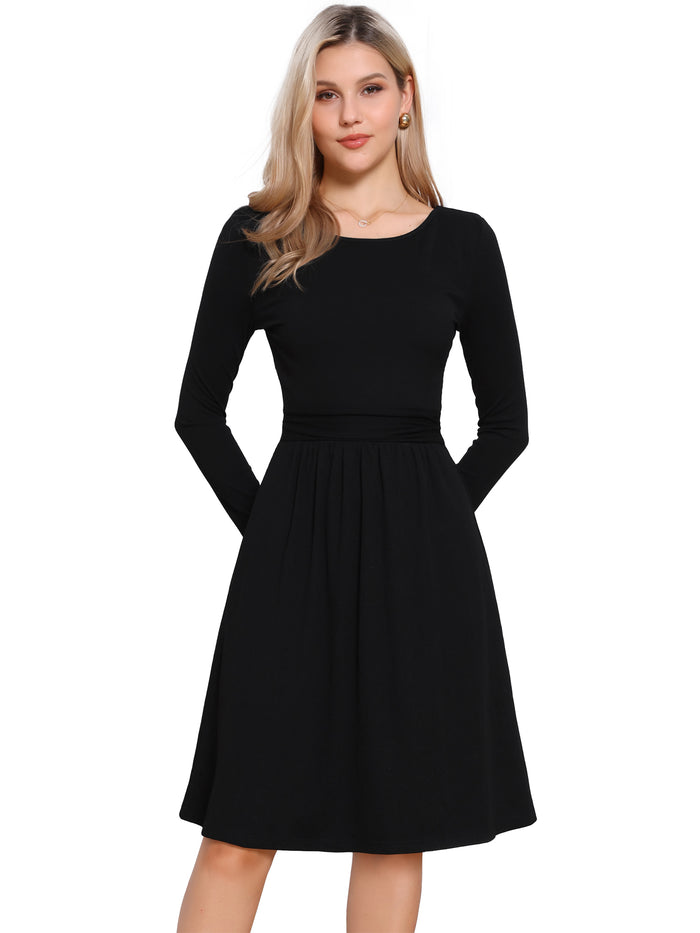 Allegra K Ribbed Knitted Long Sleeve Crew Neck Sweater Dress