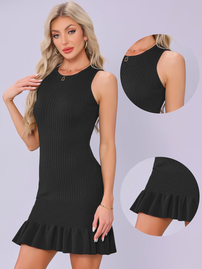 Allegra K Ribbed Knitted Sleeveless Bodycon Ruffle Hem Sweater Dress