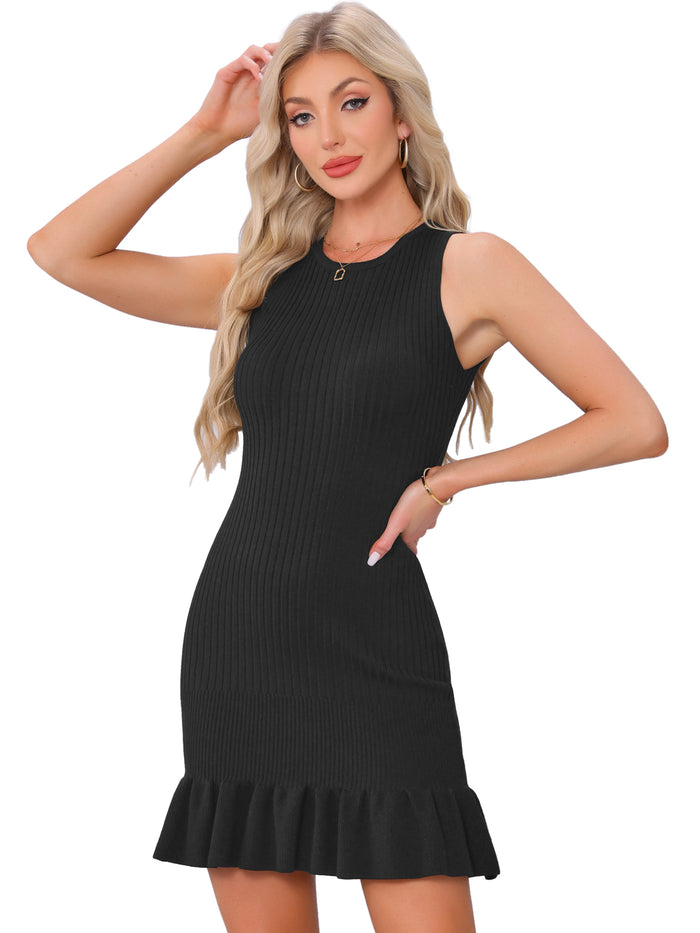 Allegra K Ribbed Knitted Sleeveless Bodycon Ruffle Hem Sweater Dress