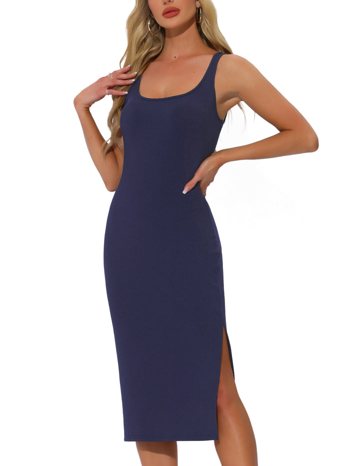 Allegra K Ribbed Scoop Neck Sleeveless Knit Slit Bodycon Midi Dress