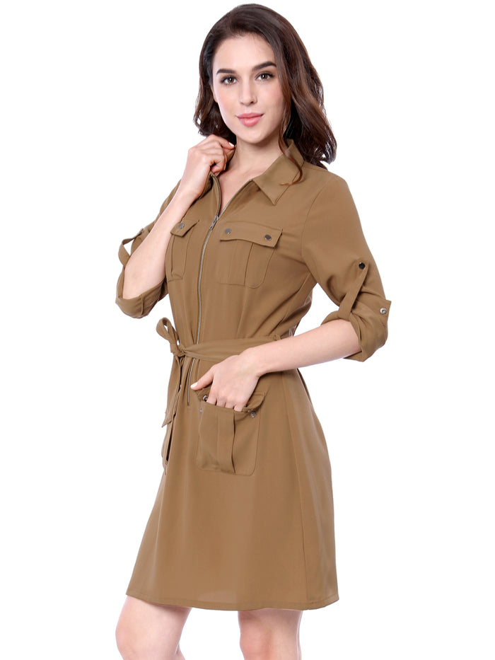 Allegra K Roll Up Sleeve Multi-Pocket Safari Belted Collared Shirt Dress
