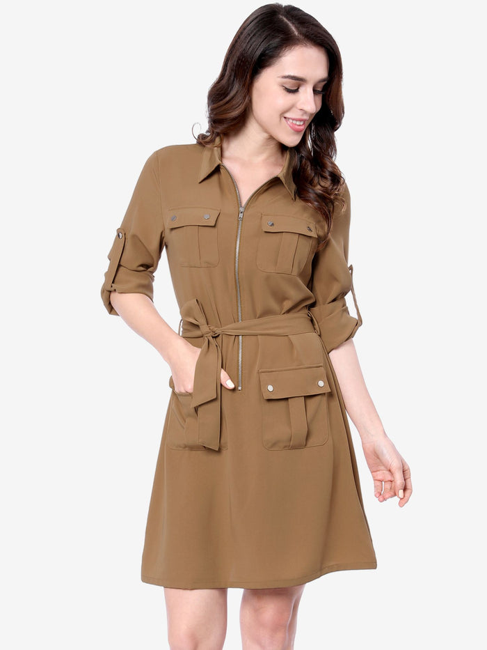 allegra k Roll Up Sleeve Multi-Pocket Safari Belted Collared Shirt Dress