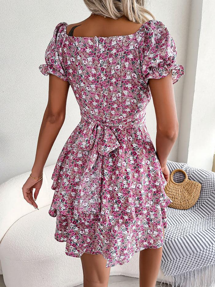 Allegra K Romantic Garden Floral Puff Sleeves Lace-Up Ruffled Mini Party Dress