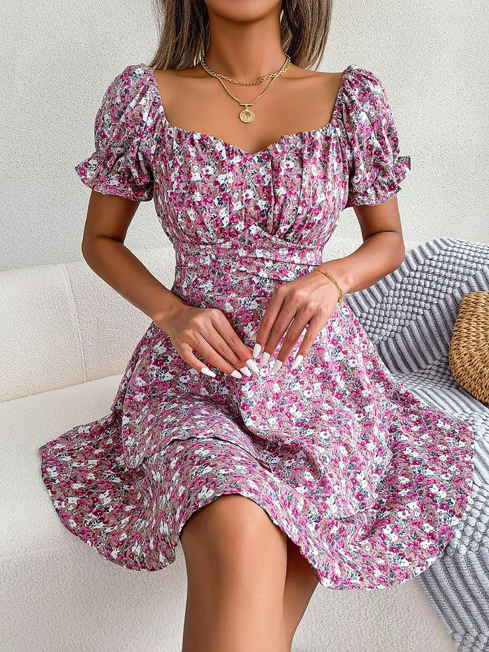 Allegra K Romantic Garden Floral Puff Sleeves Lace-Up Ruffled Mini Party Dress