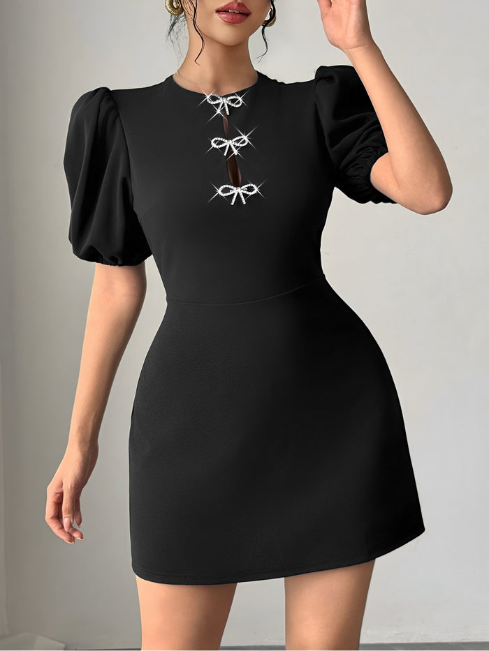 Allegra K Round Neck Bow Decor Puff Sleeves Mini Dress