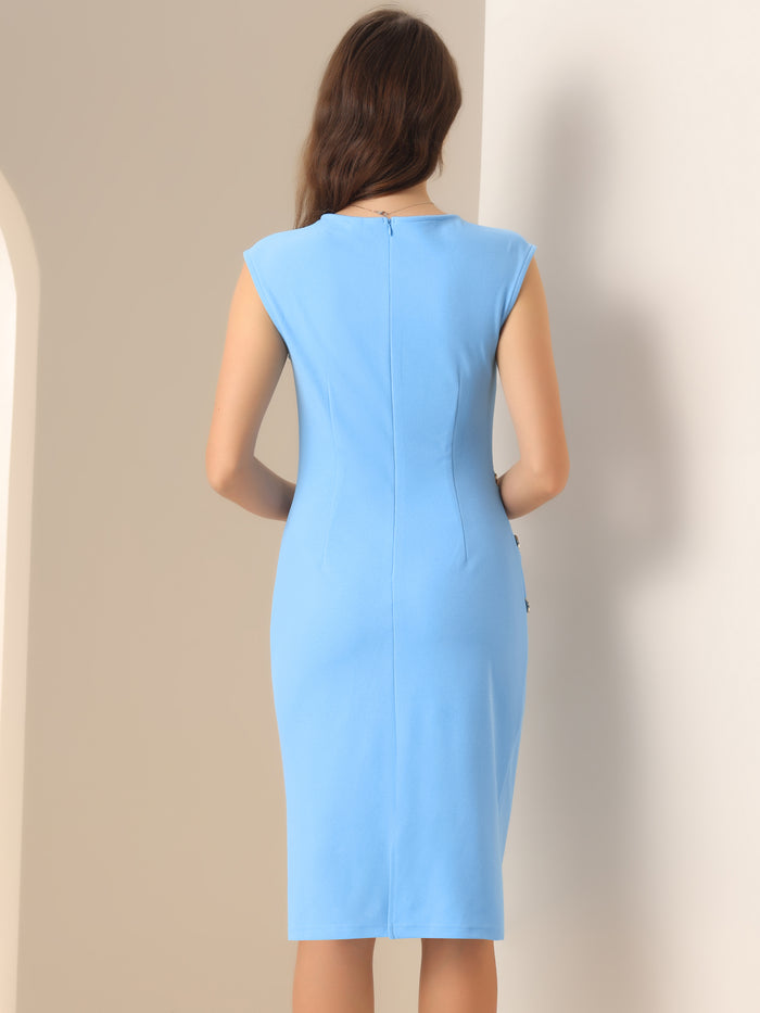 Allegra K Round Neck Cap Sleeves Ruched Button Decor Midi Sheath Dress