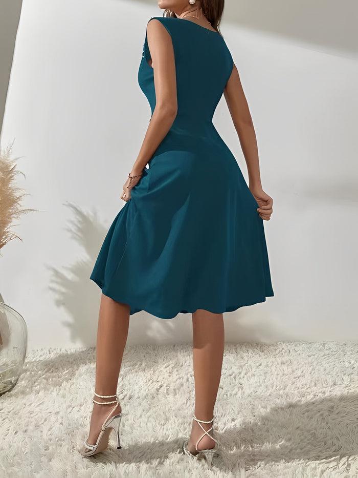 Allegra K Round Neck Faux Pearl Decor Sleeveless Dress