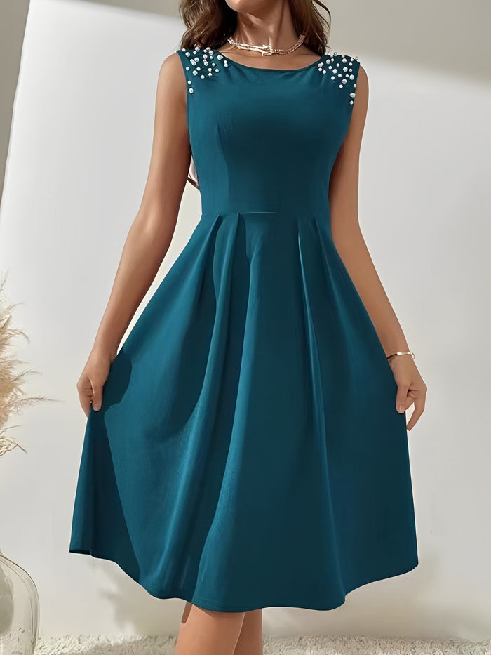 Allegra K Round Neck Faux Pearl Decor Sleeveless Dress