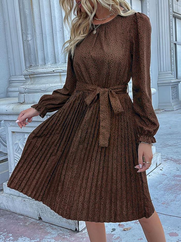 allegra k Round Neck Long Sleeve Lace-Up Leopard Pleated Midi Dress