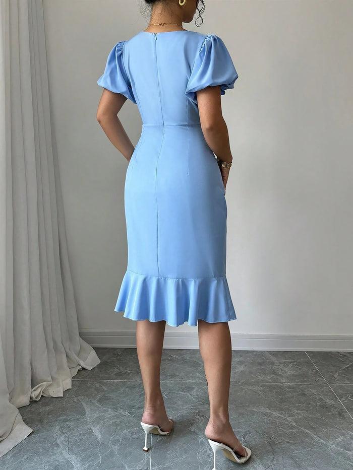 Allegra K Round Neck Puff Sleeve Ruffled Fishtail Dress