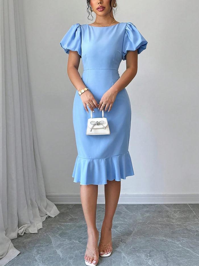 Allegra K Round Neck Puff Sleeve Ruffled Fishtail Dress