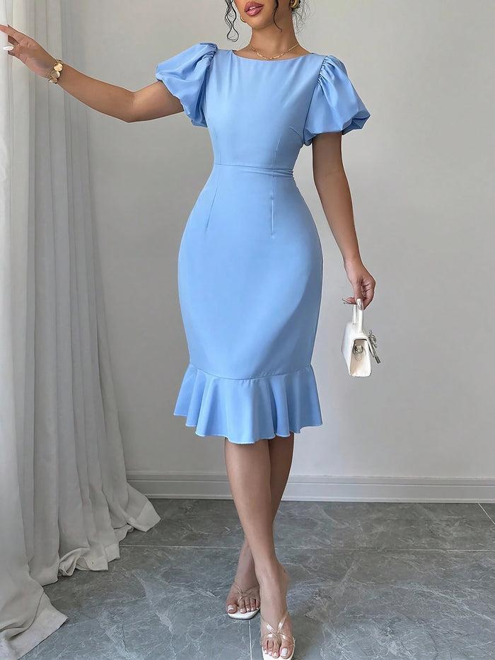 Allegra K Round Neck Puff Sleeve Ruffled Fishtail Dress