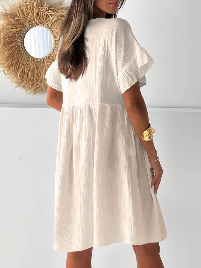 Allegra K Round Neck Ruffled Short Sleeve Textured Babydoll Dress