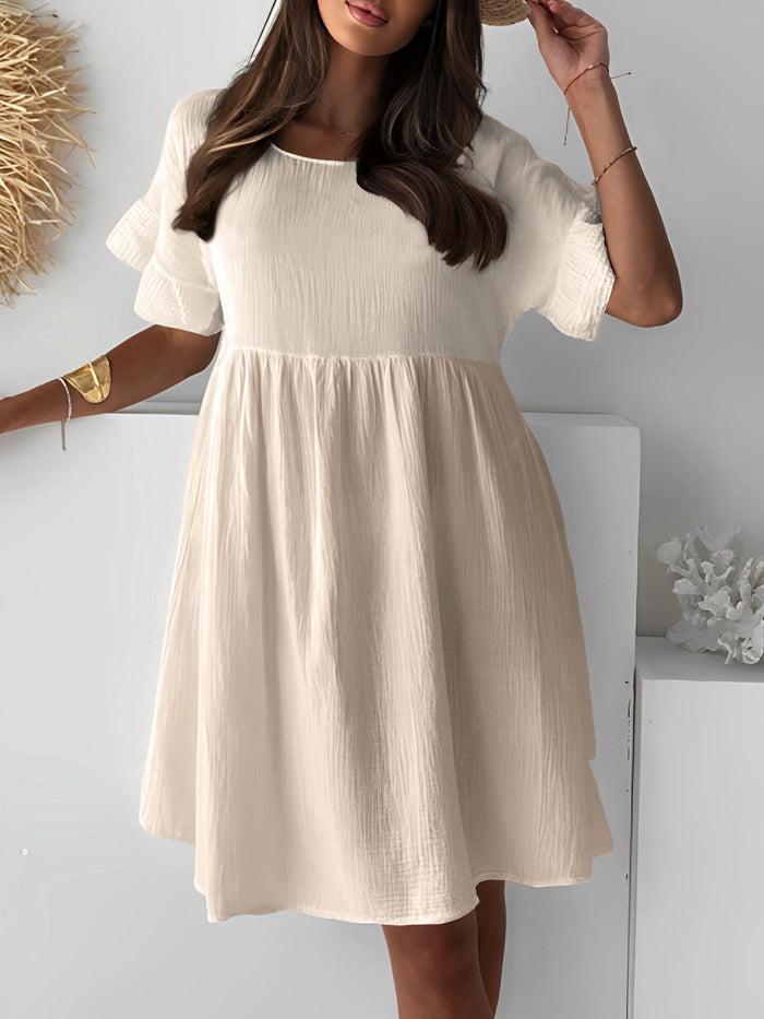 allegra k Round Neck Ruffled Short Sleeve Textured Babydoll Dress