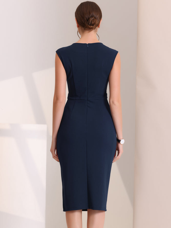 Allegra K Round Neck Slim Fit Sleeveless Split Work Pencil Sheath Dress