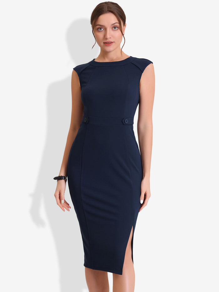 allegra k Round Neck Slim Fit Sleeveless Split Work Pencil Sheath Dress